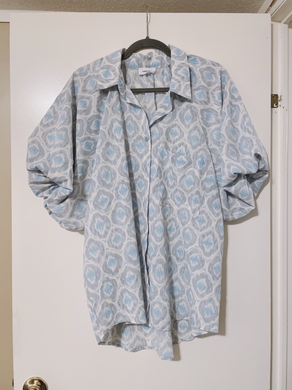 Anniewear Blue & White Printed Balloon Sleeve Blouse Size L